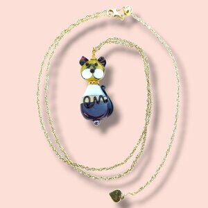 Lampwork Glass Cat Pendant Necklace Vermeil Chain Adjustable 23.5in Animal Lover